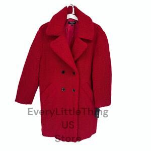 NEW Kenneth Cole Teddy Coat Jacket Womens 2X Double Breasted Faux Fur Fuzzy Red